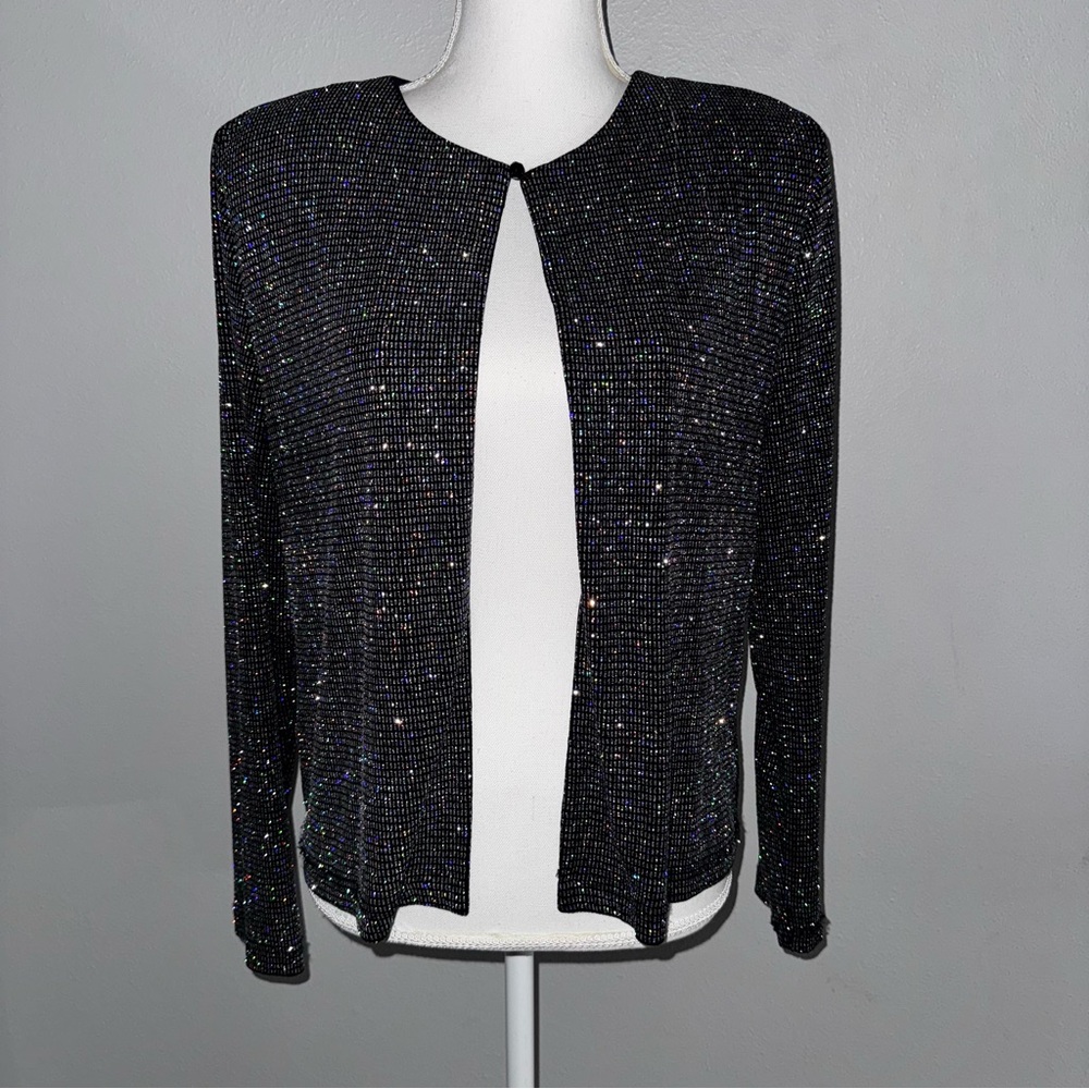 Dress Barn Vintage Womens L Black Sequin Jacket Shoulder Pads Open Front Sparkle